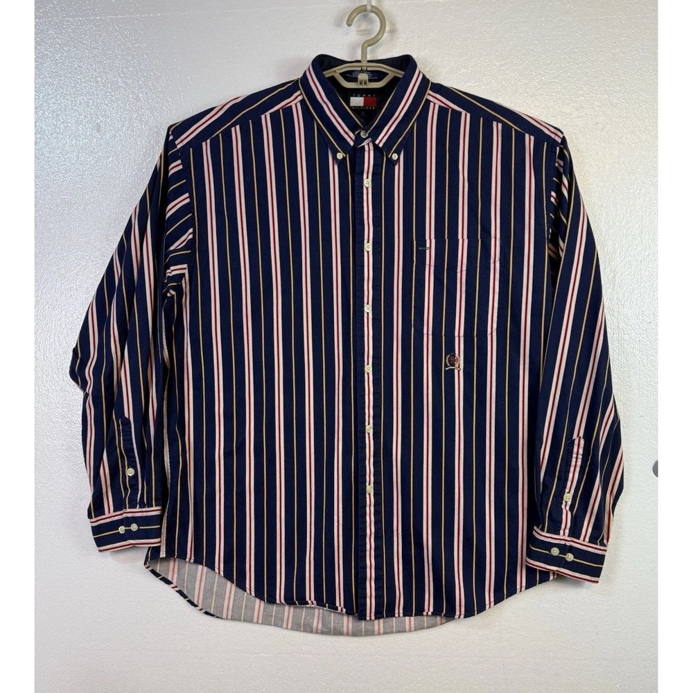Vtg Eddie Bauer Mens XL Long Sleeve Button Down Shirt Blue Striped‎ Cotton 90s